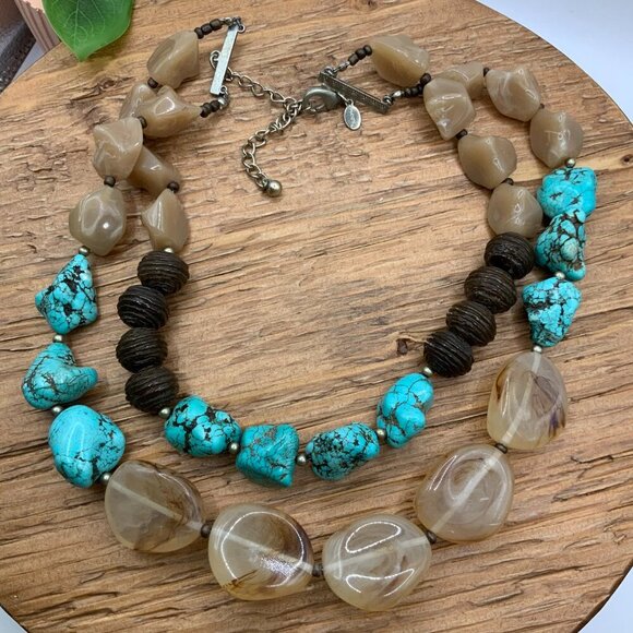 Chico's Turquoise Howlite Brown Natural Beaded Stones Double Strands Necklace - Picture 2 of 8